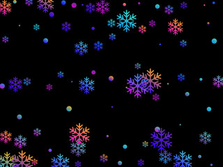 Fototapeta na wymiar Colorful snow flakes falling on black winter vector background. Snowflake and circle elements vector illustration, confetti chaotic scatter winter background. Bright holiday banner or poster backdrop.