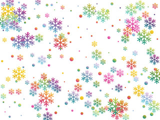 Snow flakes falling on white winter vector background. Snowflake and circle elements vector illustration, confetti chaotic scatter winter colorful on white background for poster, banner design. 