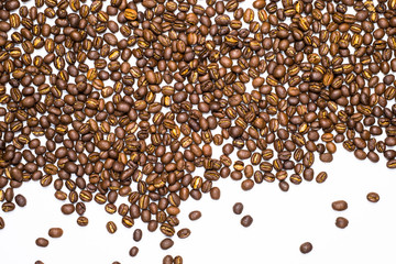 Flay lay style, Medium dark Roasted peaberry coffee beans isolated on white background with copy...