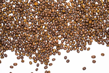 Flay lay style, Medium dark Roasted peaberry coffee beans isolated on white background with copy space for text.