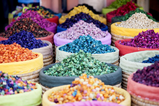 Multicolored dried flowers, used for soaps and perfumes as well as coloring, dyes and as an ingredient in foods, on sale in the souks of Marrakesh's medina area in Morocco.