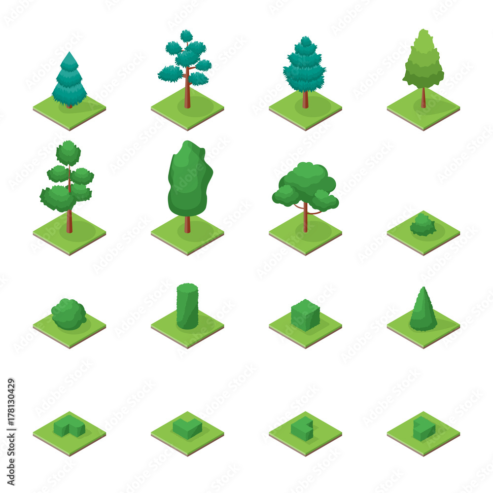Poster green trees park objects set icons 3d isometric view. vector