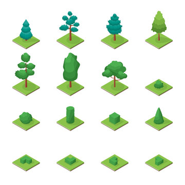 Green Trees Park Objects Set Icons 3d Isometric View. Vector