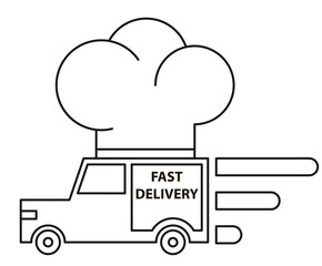 car with a large chef's cap, fast food delivery, vector image, black and white icon, outline style