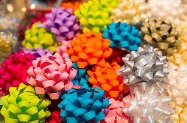 Colorful ribbon balls closeup, holiday decoration