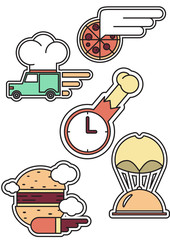 set of food delivery icons, vector image,colorful stickers,winged pizza, a car with a large chef's hat, a flying hamburger, a chicken leg with a stopwatch, a dish with a parachute