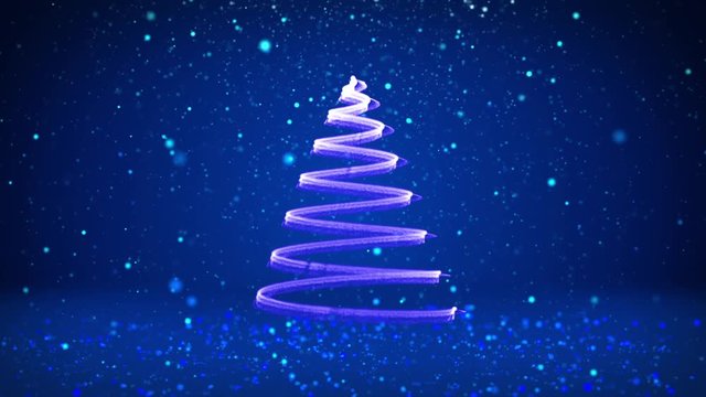 Winter theme for Christmas or New Year background with copy space. Close-Up of Xmas tree from particles in mid-frame. Blue 3d Xmas tree V7 with glitter particles DOF