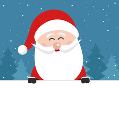 santa claus behind blank banner christmas winter landscape background
