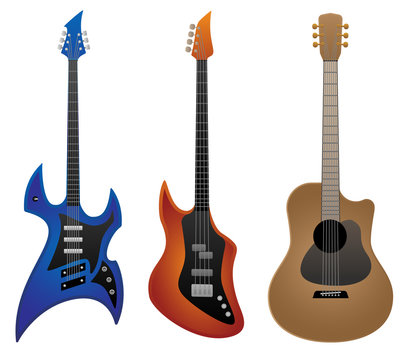 Electric Rock Guitar, Bass Guitar and Acoustic Guitar Vector Illustration