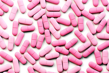 Obraz na płótnie Canvas A lot of pink medicine pills on white
