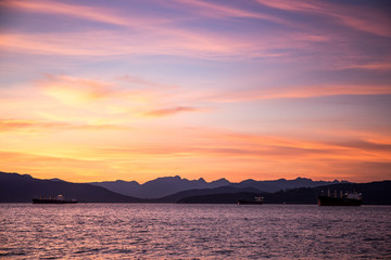 British Columbia Mountains & View at sunset at the beach