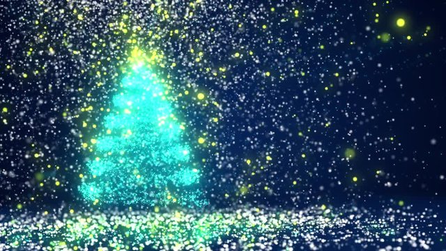 Blue Big Christmas tree from glow shiny particles on the left side. Winter theme for Xmas or New Year background with copy space. 3d Xmas tree V1 with snow DOF