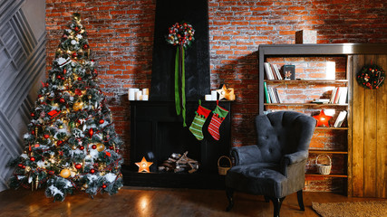 Christmas interior with a fireplace