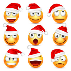 Smiley,emoticon set. Yellow face with emotions and Christmas hat. New Year, Santa.Winter emoji. Sad,happy,angry faces.Funny cartoon character.Mood. Vector.