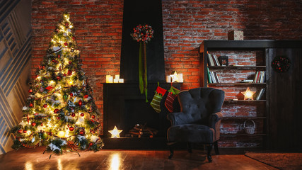 Christmas interior with a fireplace