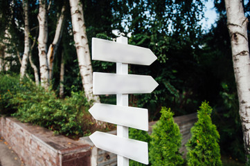 wedding ceremony in park. Focus on wooden pointer