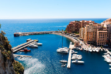 View of Monaco City and Fontvieille with boat marina in Monaco.