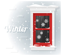 Hello winter background with window painting , vector , illustration