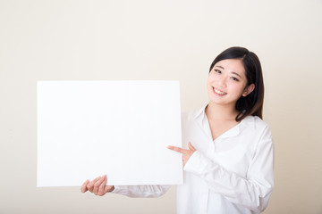 young asian woman with white board