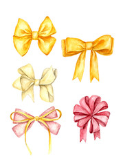 Watercolor hand painted set of yellow and pink ribbon bow isolated on white