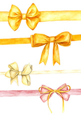 Watercolor hand painted set of yellow and pink ribbon bow isolated on white - 178136473