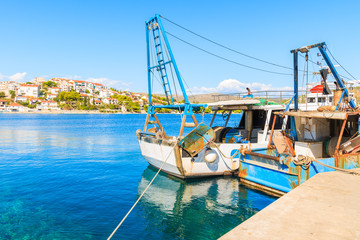 Fishing boats anchoring in Rogoznica port on sunny summer day, Dalmatia, Croatia