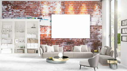 Fashionable modern loft interior with empty frame and copyspace in horizontal arrangement. 3D rendering.