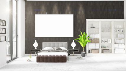 Fashionable modern loft interior with empty frame and copyspace in horizontal arrangement. 3D rendering.