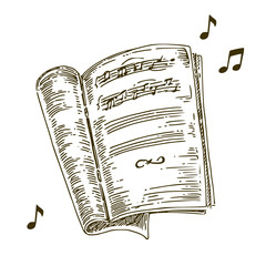 Obraz premium Open music book with notes. Sketch. Isolated on white. Vintage style. Vector illustration.
