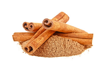 Cinnamon sticks with powder isolated on a white background