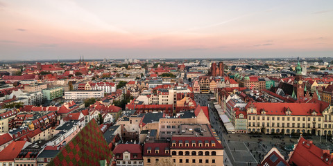 Fototapeta premium Air view on the old town in Wroclaw in the evening from tower of St. Elizabeth's Church. Poland.