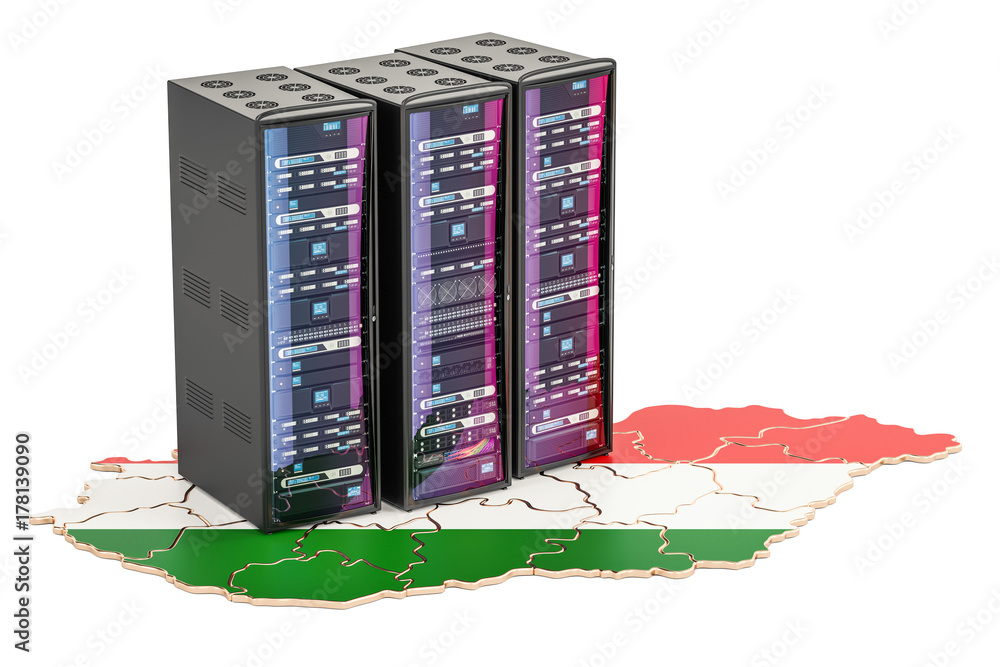 Poster data center server racks in hungary concept, 3d rendering