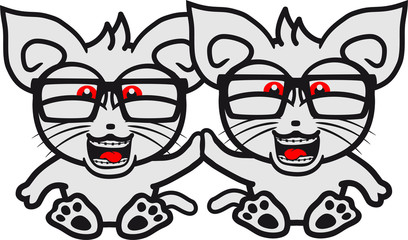 team paar brüder zwillinge 2 freunde geek nerd schlau hornbrille intelligent freak süß niedlich katze kätzchen winken comic cartoon design haustier