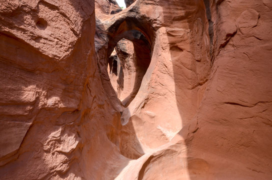 natural arches over narrow passage in Spooky Slot Canyon
Hole in the Rock Road, Grand Staircase Escalante National Monument, Garfield County, Utah, USA