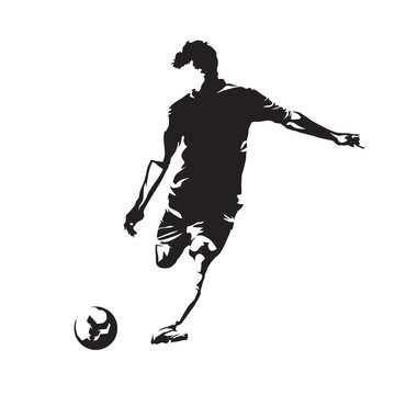 Soccer player kicking ball, abstract vector silhouette