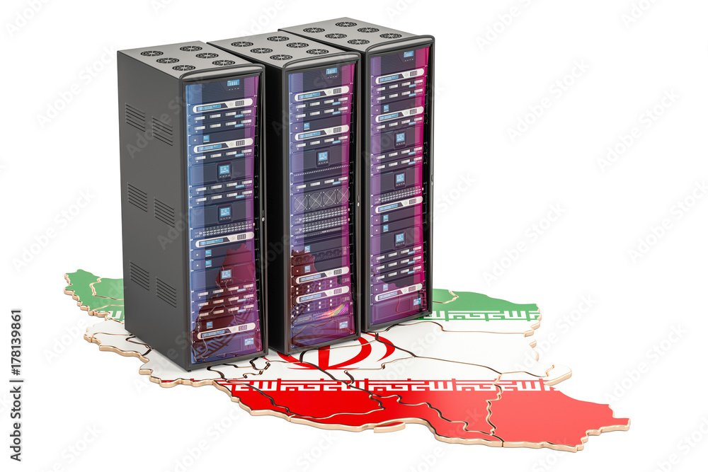 Poster data center server racks in iran concept, 3d rendering