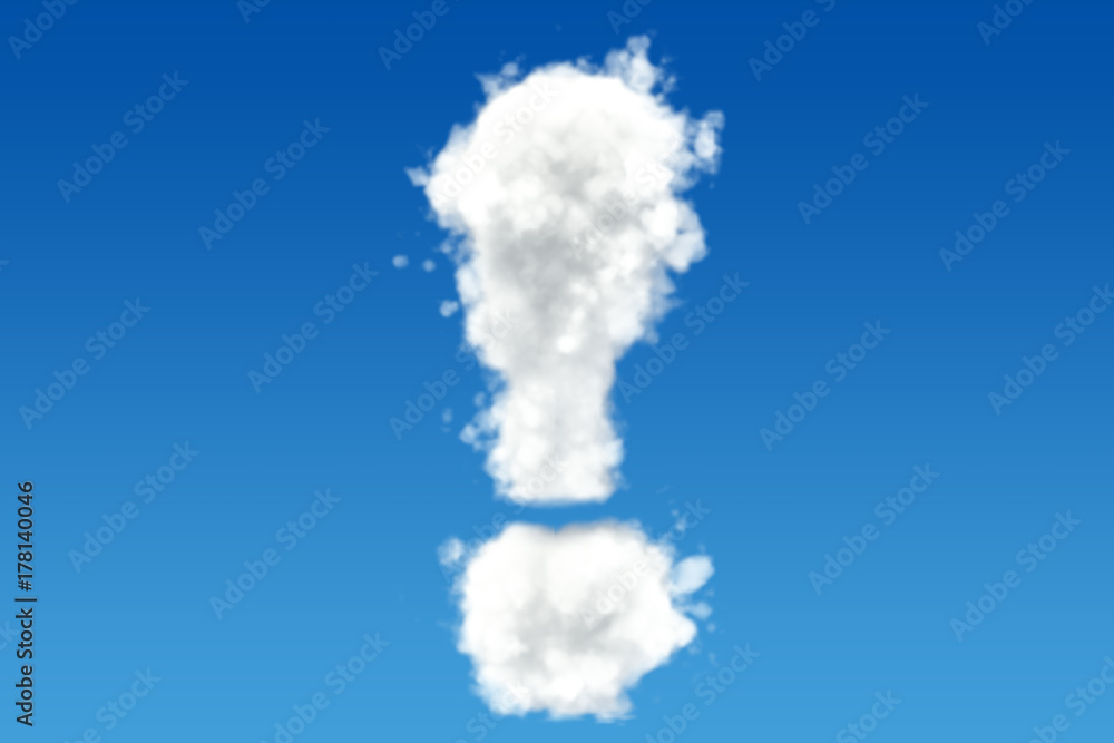 Poster exclamation mark from clouds in the sky. 3d rendering