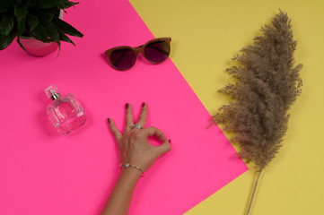  Female hands with jewelry. Fashion accessories, wrist watches, glamor bracelets