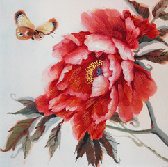A red Chinese peony with shiny petals and a butterfly flies to the flower, it's painted with watercolor on paper.