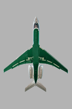 Airplane over grey background.