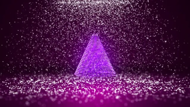 Wide angle shot of winter theme for Christmas or New Year background with copy space. Xmas tree from glow shiny particles in mid-frame. Purple 3d Xmas tree V3 with snow DOF