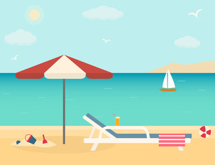 Beach chair with umbrella on sandy beach. Flat style vector illustration.
