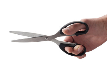 Hand with scissors on isolated white background.