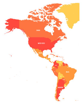 Political map of Americas in four shades of orange. North and South America with country labels. Simple flat vector illustration.