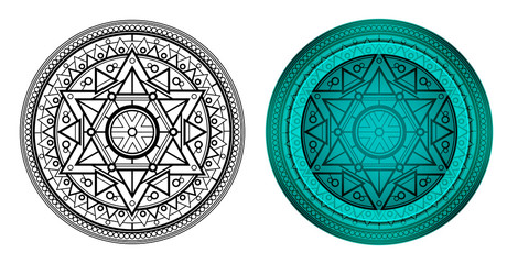 Geometric mandala with Star of David in center. Round pattern for coloring book. Templates for card, banners, invite