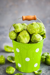 Organic fresh raw brussels sprouts in a metal bucket on gray background