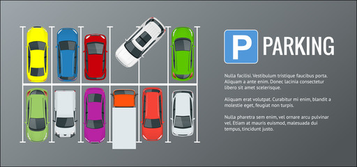 Vector illustration city parking lot with a set of different cars. Public car-park. Flat illustration for web. Urban transport. Large number of cars in a crowded parking.