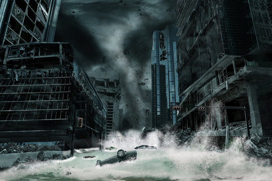 Cinematic Portrayal of a City Destroyed by Hurricane or Typhoon Storm Surge