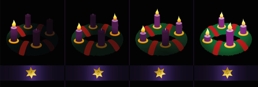 Advent wreath with purple candles - one, two, three and four burning candles to light up the darkness - numbered with golden stars from first to fourth Sunday of Advent. Vector on black background.