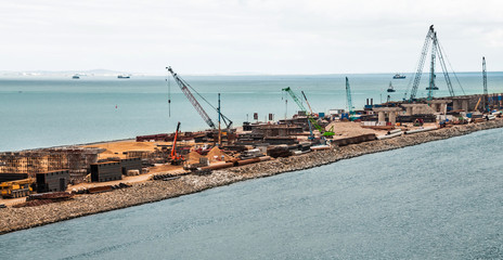 Construction of a bridge across the strait. Krymsky Bridge. The Kerch Strait. Russia.